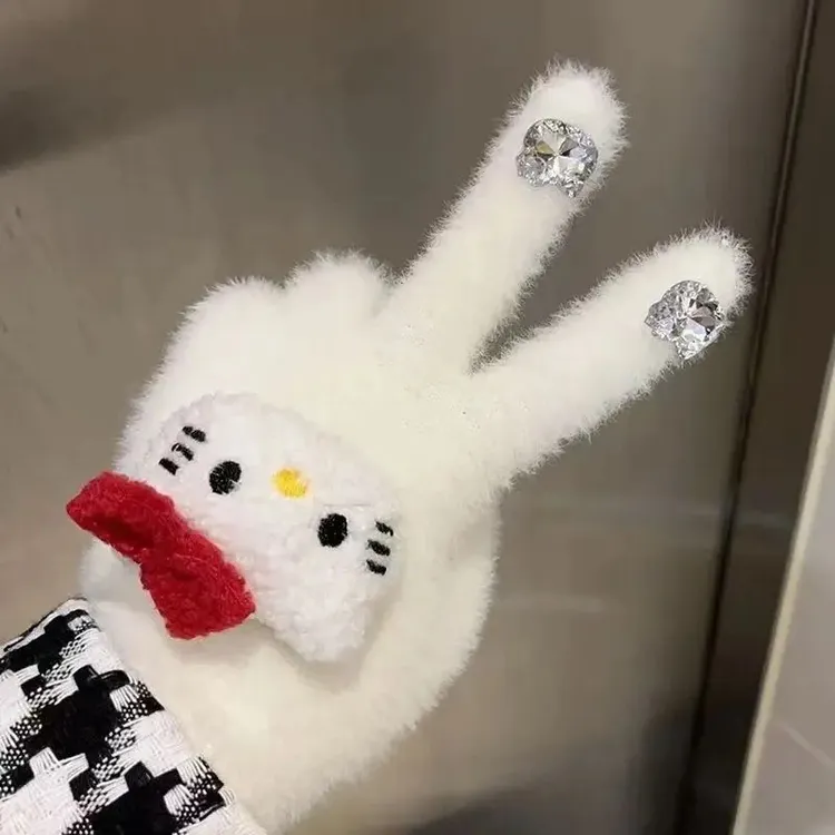 女孩公主水钻kt猫手套秋冬儿童保暖防寒防冻全指女童加厚毛绒五指