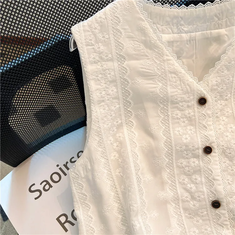 韩系蕾丝花边白色衬衫女夏季2025新款洋气设计感镂空V领背心上衣
