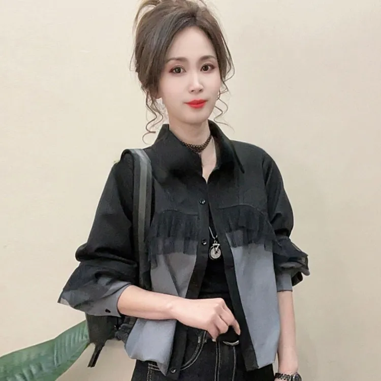 欧货拼接衬衣女2025秋季新款洋气网纱设计气质减龄百搭小外套上衣