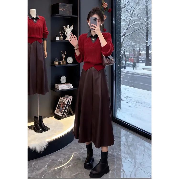入冬搭配一整套2025秋冬新款高级感假两件毛衣女半身裙皮裙两件套
