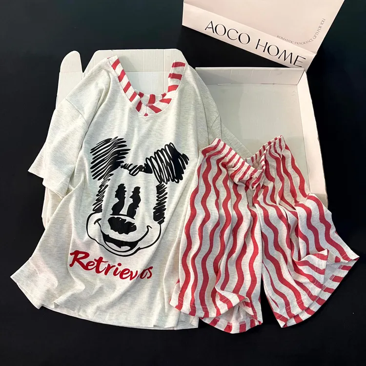 大码睡衣女夏季短袖凉感2025新款可外穿高级感V领卡通套装家居服