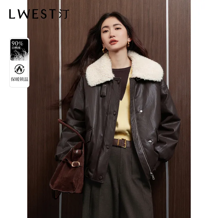 T朗文斯汀pu皮夹克羽绒服2025冬季新款环保毛领拼接短款保暖外套