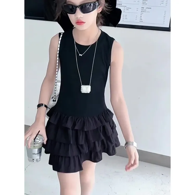 2025女童连衣裙夏季时尚气质短裙子儿童辣妹背心裙中大童蛋糕裙