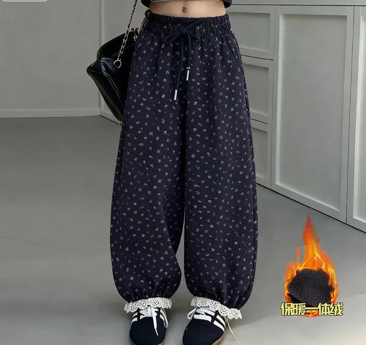 女童裤秋冬季加绒加厚小碎花版松腰中大童休闲束脚高级感韩版长裤