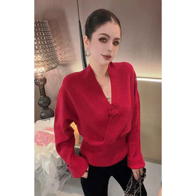（特价）V领花朵拼接针织长袖上衣CS31181