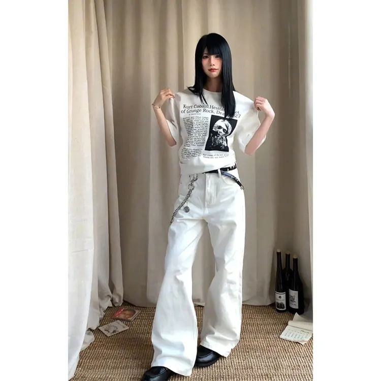 manuscrip冈山A字直筒牛仔裤男女夏季白牛弯刀原色洗水休闲长裤子