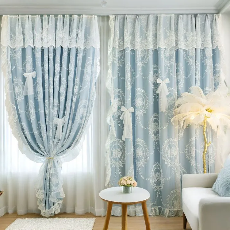 法式浪漫轻奢双层布纱一体蕾丝奶油风遮光窗帘适用于卧室客厅新款