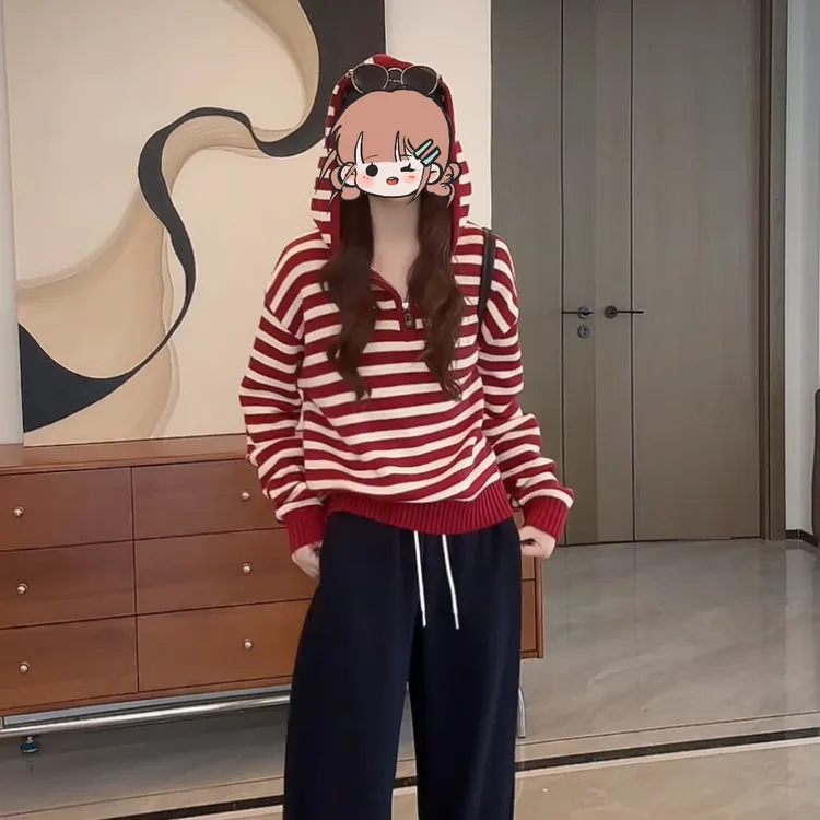 小众设计条纹半拉链连帽针织衫2025新款秋季百搭宽松休闲长袖上衣