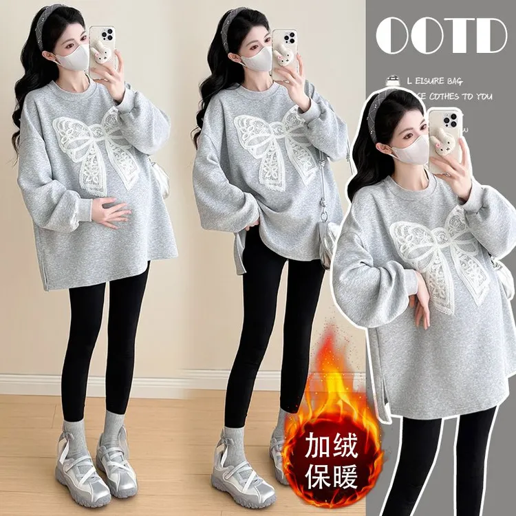 秋冬季孕妇装新款上衣蕾丝蝴蝶结圆领慵懒风孕期宽松休闲大码卫衣