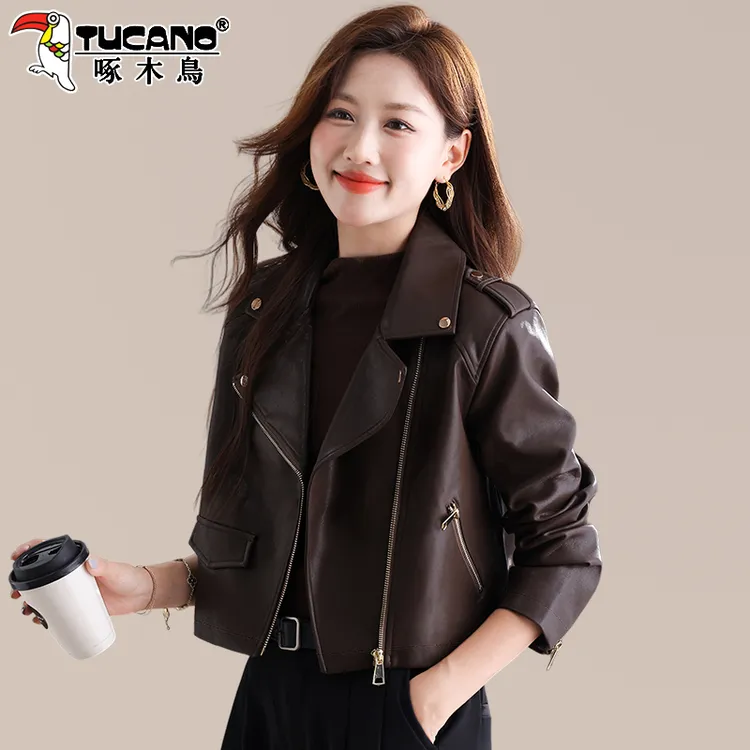 啄木鸟短款皮衣女款2025新款春秋pu皮夹克外套小个子时髦洋气上衣
