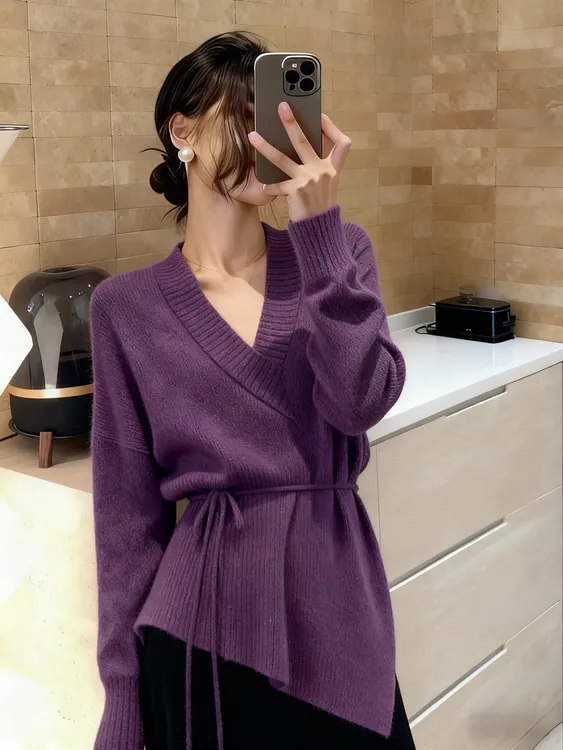 Y130高级感法式紫色不规则收腰长袖针织上衣女显瘦小众百搭上衣潮
