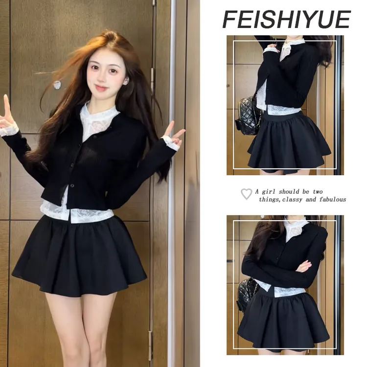 早秋一整套女装2025新款韩版蕾丝打底衫短款针织毛衣短裙三件套装