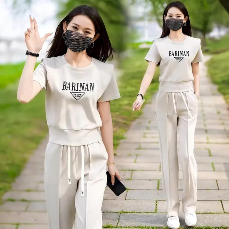 短袖阔腿裤女休闲两件套254夏新款韩版显瘦气质减龄印花时尚套装