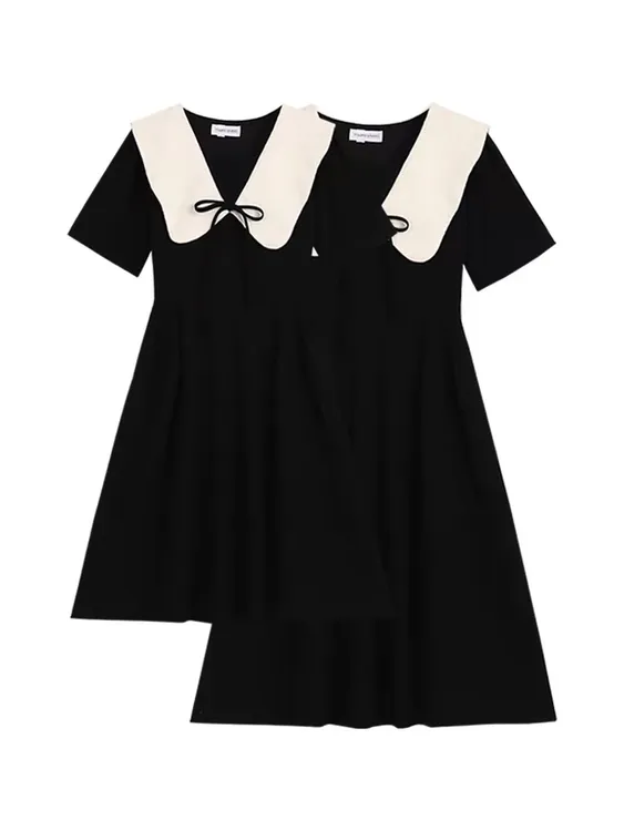 大码法式娃娃领赫本风连衣裙女夏季新款撞色气质显瘦中长款小黑裙