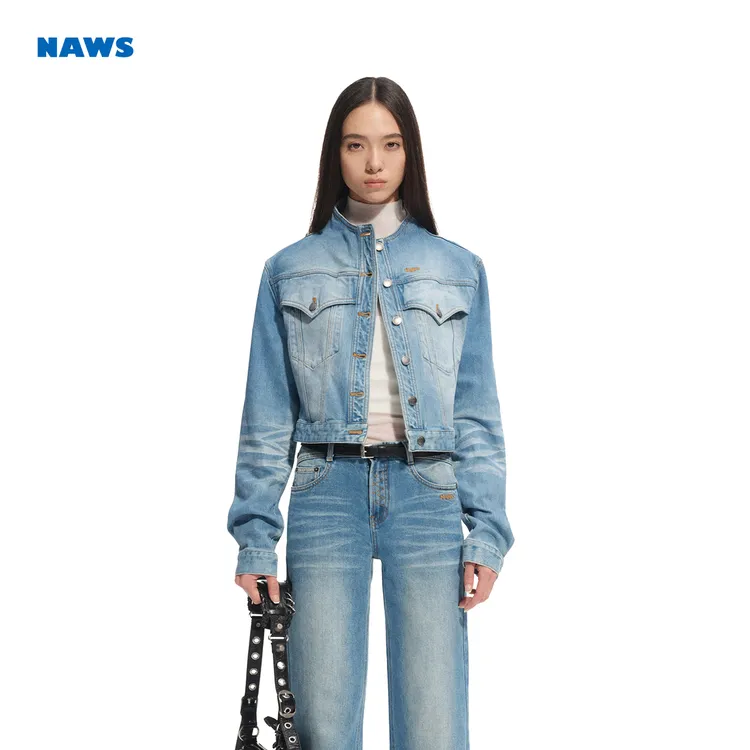NAWS 【宋妍霏同款】山猫牛仔外套 重工水洗丹宁猫须立领短款外套
