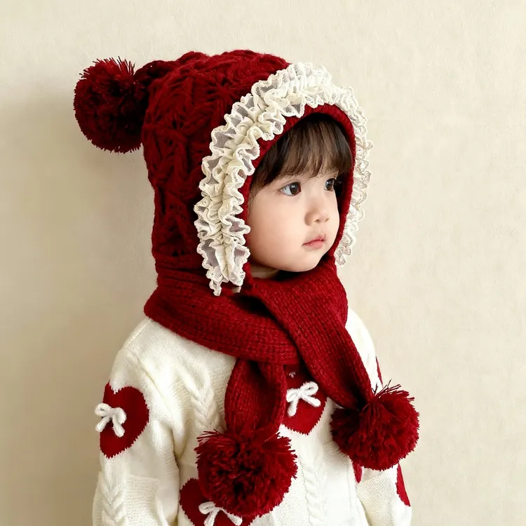 儿童帽子冬季女童针织围脖一体帽加厚保暖秋冬女孩宝宝毛线护耳帽