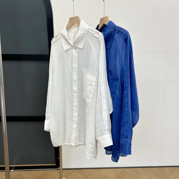 【若若美】X-1615情侣款100织苎麻长袖衬衫百搭宽松休闲衬衣女上衣