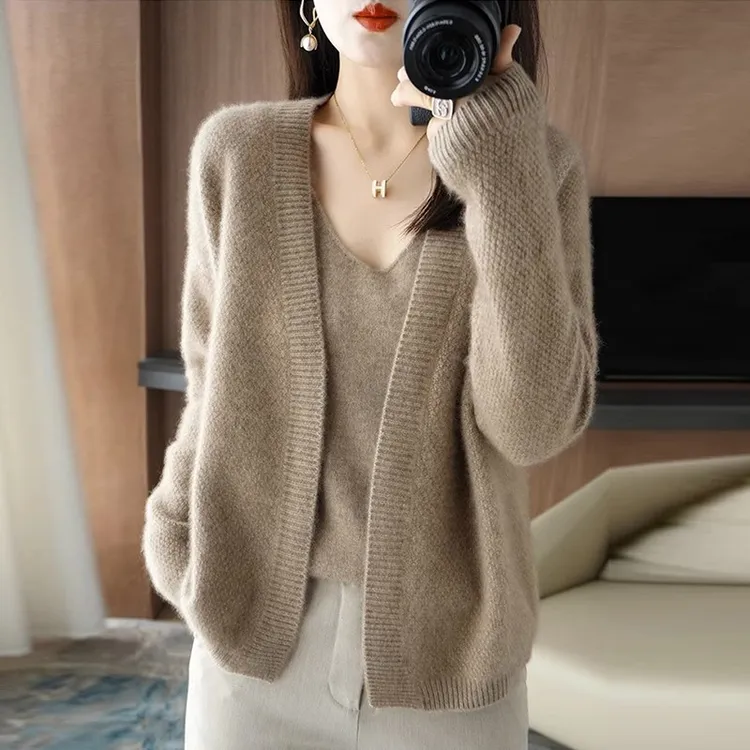 100%纯羊绒衫女士针织开衫外套秋冬v领两件套宽松百搭羊毛打底衫