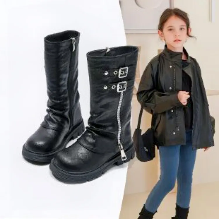 女童不过膝骑士靴2026秋冬新款时尚长筒靴皮带扣复古褶皱裤管靴软
