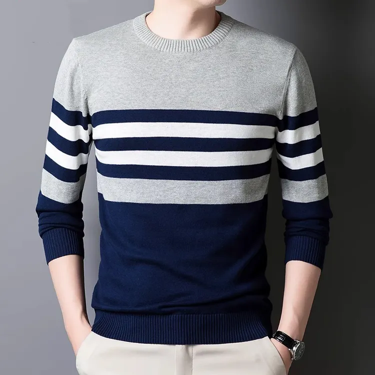 男士圆领条纹新疆棉针织衫韩版复古时尚秋冬保暖休闲纯棉打底毛衣
