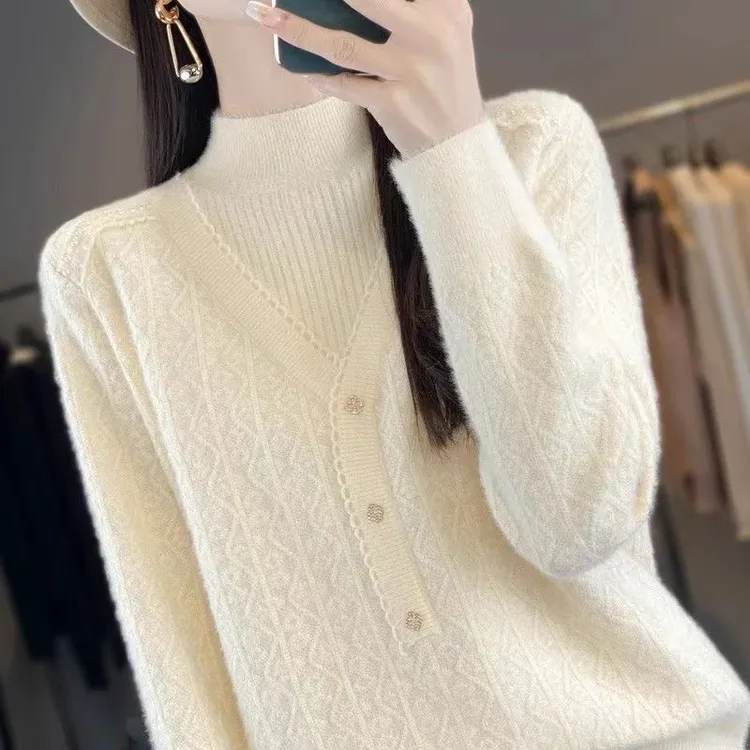 秋冬款假两件针织衫时尚优雅气质百搭宽松显瘦洋气潮流提花不起球