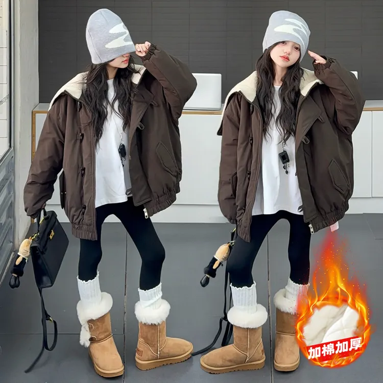 女童夹棉外套秋冬款2025新款中大儿童加厚翻领棉服女孩时髦派克服