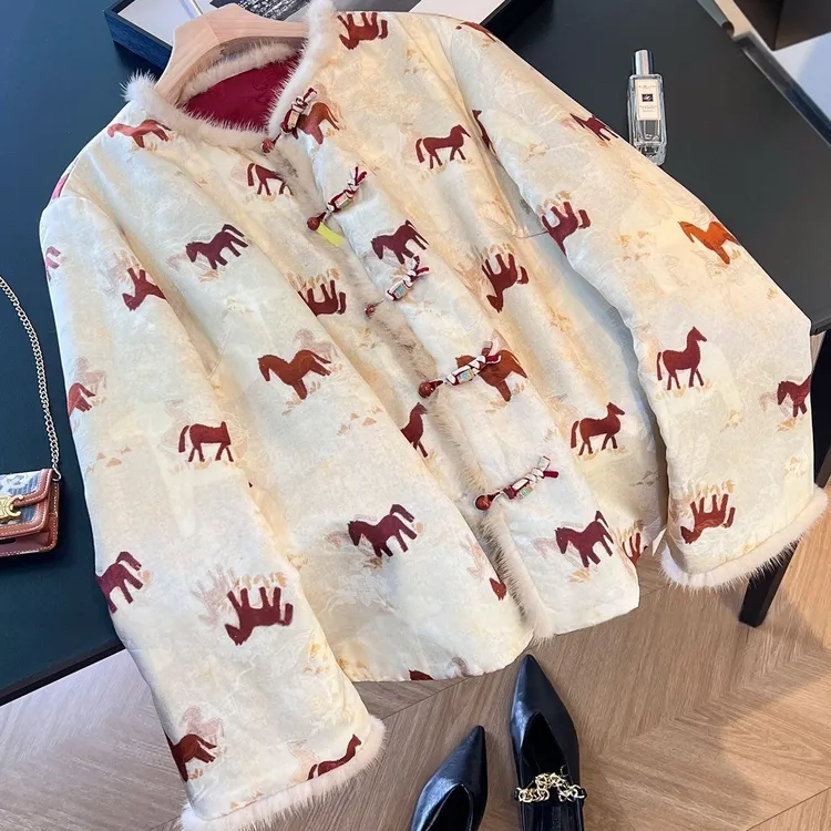 新中式设计感国风气质设计感印花小马外套2025秋冬新款复古棉服