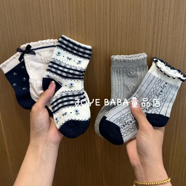 新款女童袜子春秋森系藏青碎花中筒袜日系花边蝴蝶结公主袜儿童袜