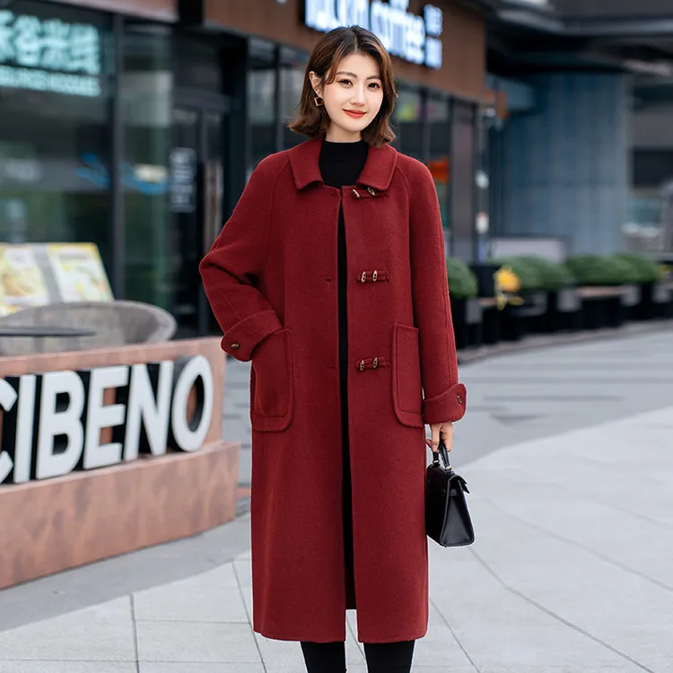 高端妈妈双面绒羊毛大衣长款红色2025新款冬装喜婆婆婚宴毛呢外套