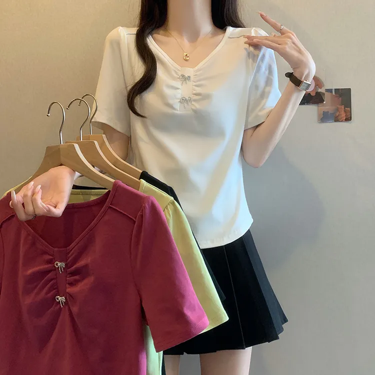 【小曹大码】夏季新款胖mm法式洋气遮肉V领短袖上衣-YY16311
