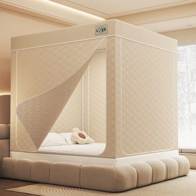 加厚保暖五面夹棉床帘床幔遮光防风帐篷室内防寒回底三开门拉链帐