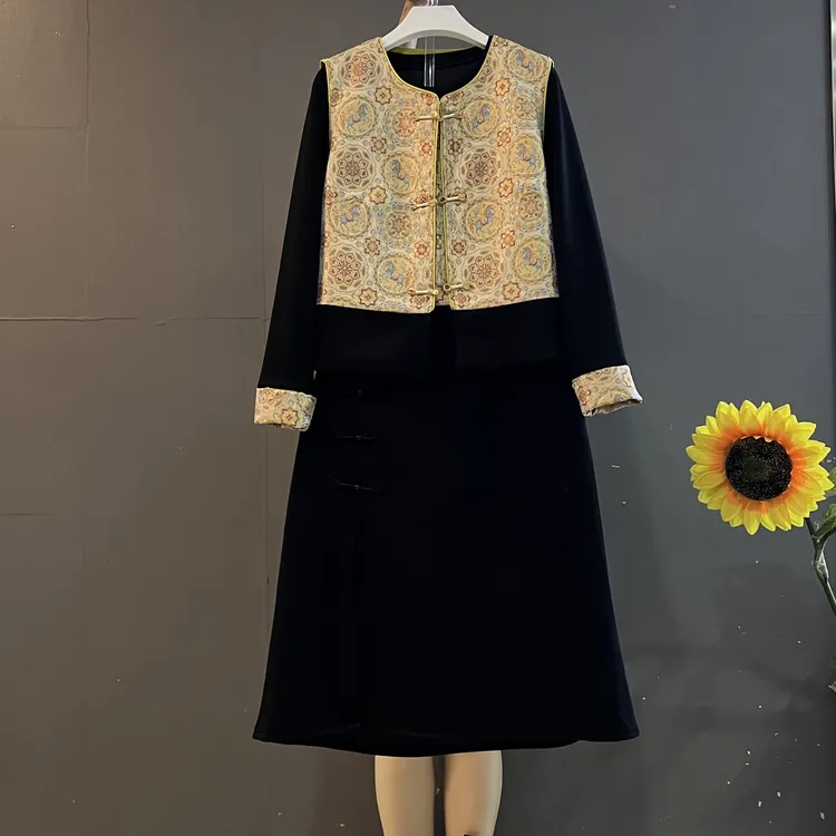 新款时尚复古新中式国风盘扣马甲➕拼袖连衣裙洋气显瘦两件