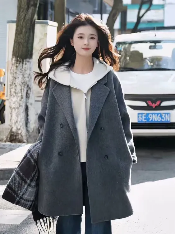 2025秋冬爆款连帽马甲+大衣两件套时尚气质百搭羊毛大衣526-085