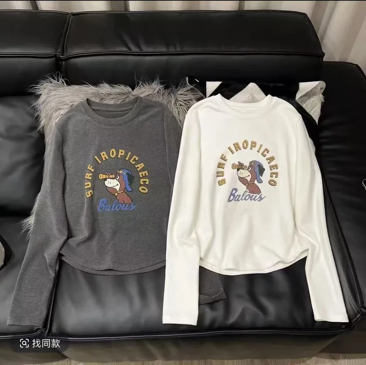 双面绒加厚德绒印花字母望远镜狗狗长袖T恤冬季显瘦百搭