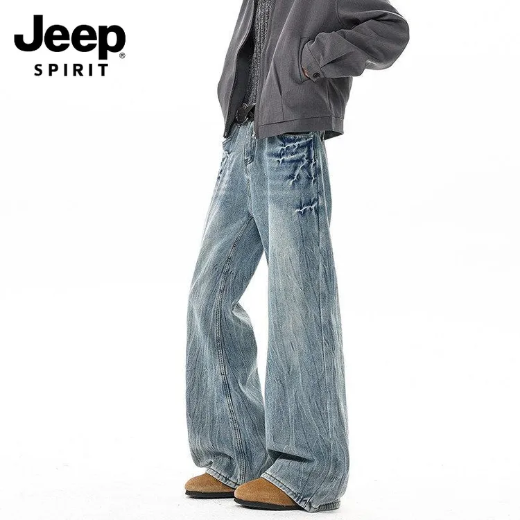 JEEPSPIRIT吉普水洗做旧闪电纹牛仔裤男秋冬季加绒高个子加长裤子