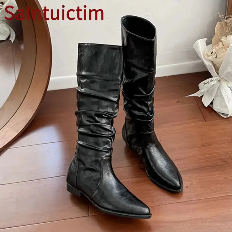 SAINTUICTIM复古做旧尖头内增高长筒骑士靴女长靴平底堆堆靴