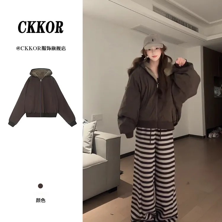 CKKOR美式流行时尚双面穿棉服女座山雕慵懒感复古宽松秋冬厚外套