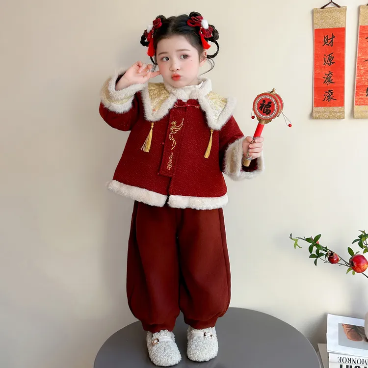 女童洋气拜年服汉服冬季儿童中国风唐装加厚套装宝宝中式喜庆礼服