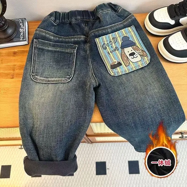 2025秋冬季儿童新款牛仔裤加绒一体绒牛仔裤中小童童装小脚裤