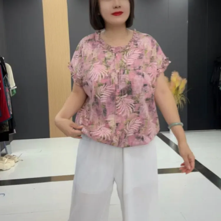 夏季宽松衬衫时尚设计感百搭显瘦碎花提花短袖小衫