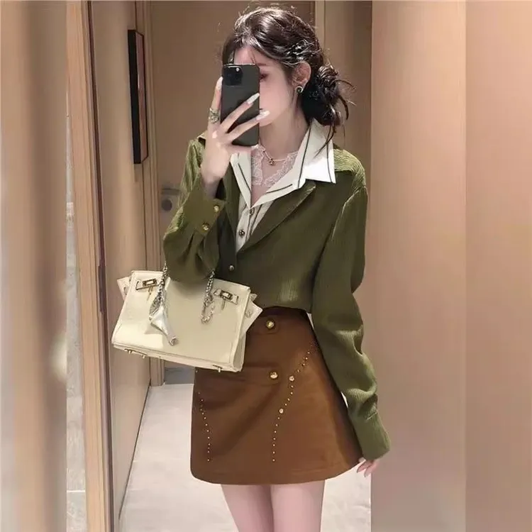 法式条纹拼接假两件长袖衬衫女2025秋季新款显瘦翻领衬衣气质上衣