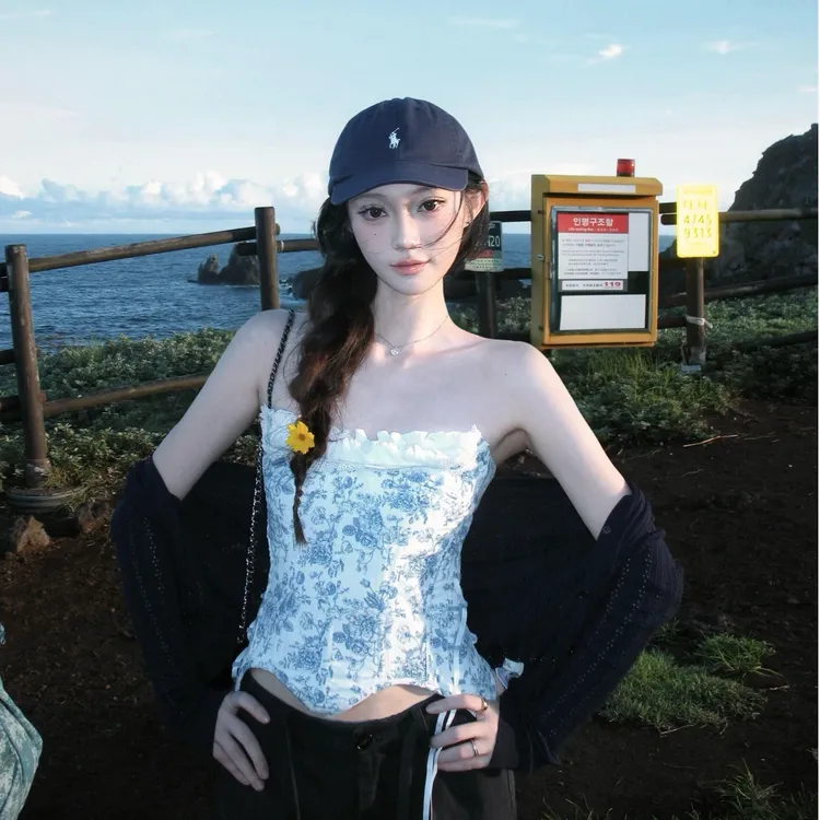 碎花拼接吊带小背心女夏季鱼骨收腰修身短款辣妹性感抹胸上衣外穿
