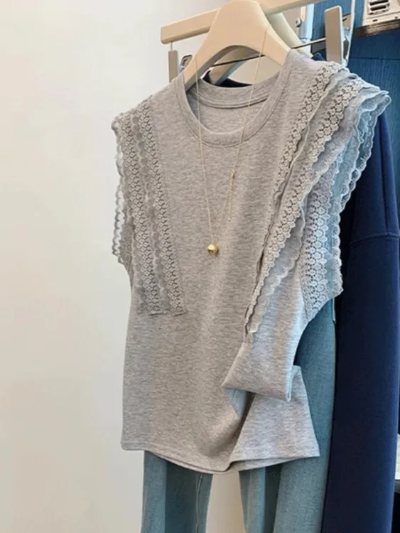 法式蕾丝拼接小飞袖t恤女2025年夏季新款百搭显瘦时尚设计感上衣