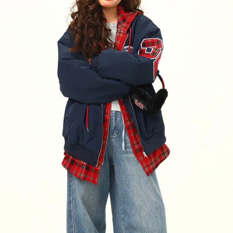 美式复古2025新款格子男女假两件连帽潮棉服外套冬季加厚棉衣