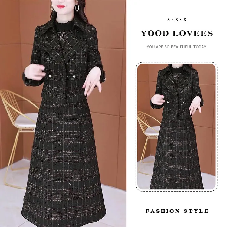 高档格子背心裙两件套女秋冬新款小香风优雅气质短外套长袖套装女