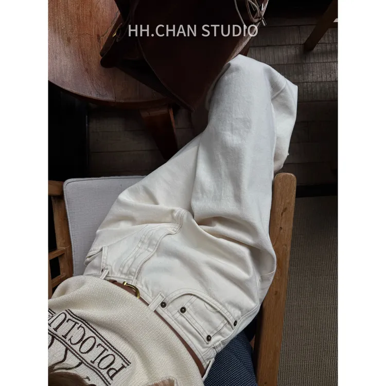 HH.CHAN“极简新贵”汉麻棉高定原牛红线直筒白色牛仔裤HH53T37583