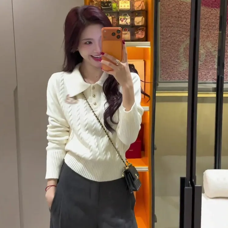 法式polo翻领白色套头麻花打底毛衣女秋冬加厚保暖内搭针织衫上衣