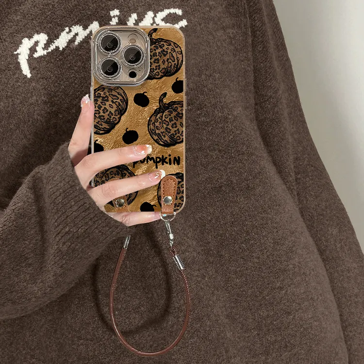 豹纹南瓜适用苹果16promax手机壳挂绳苹果17pro网红同款潮流女15