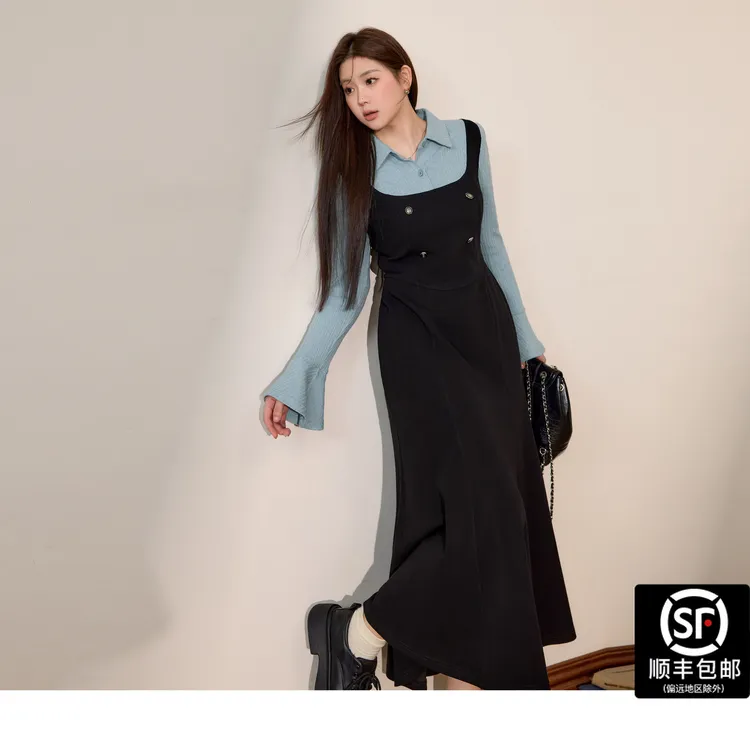 蓝语大码女装微胖M设计感假两件连衣裙2025秋新款显瘦遮肉a字长裙