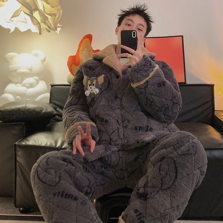 猫和老鼠三层夹棉睡衣男款秋冬季珊瑚绒加绒加厚冬天家居服可外穿